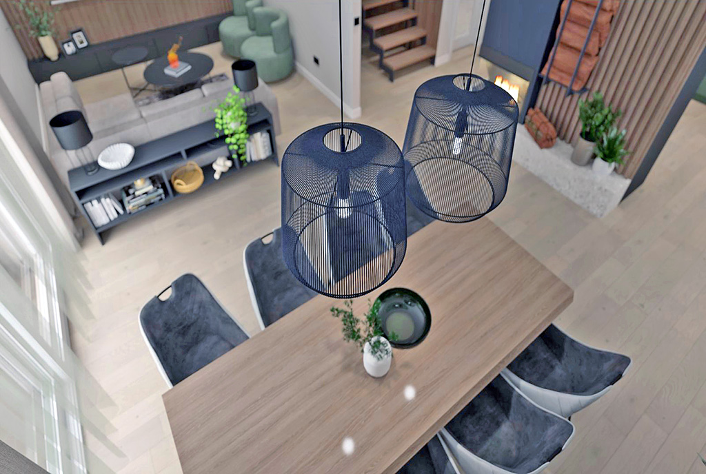 na pierwszym planie jadalnia i salon w ekskluzywnej willi na sprzedaż Warszawa (okolice)