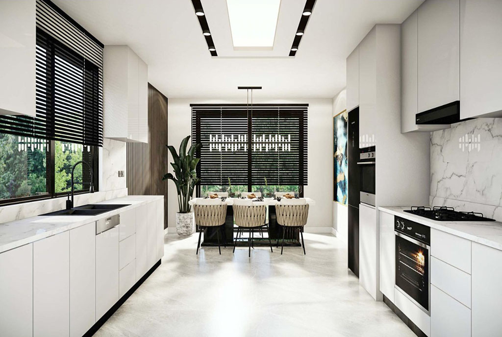 na zdjęciu jadalnia oraz kuchnia w ekskluzywnej willi na sprzedaż Cypr (Famagusta Yeni Boazici)