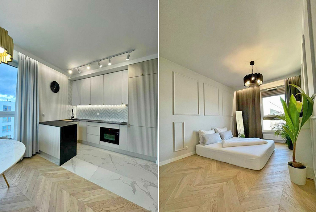 fragment aneksu kuchennego oraz sypialni w ekskluzywnym apartamencie na sprzedaż Gdańsk