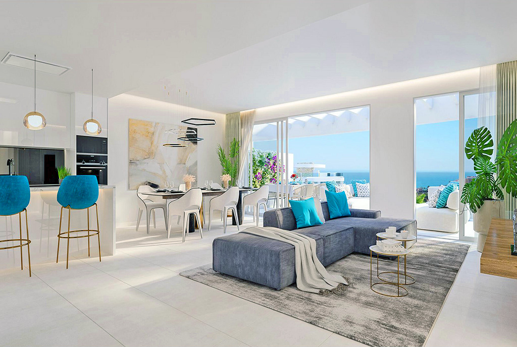 słoneczny salon w ekskluzywnym apartamencie do sprzedaży Hiszpania (Mijas)
