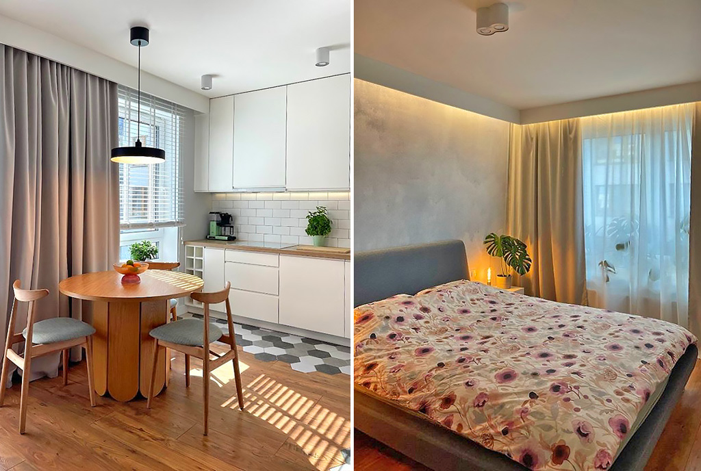 po lewej kuchnia, po prawej sypialnia w luksusowym apartamencie na sprzedaż Warszawa