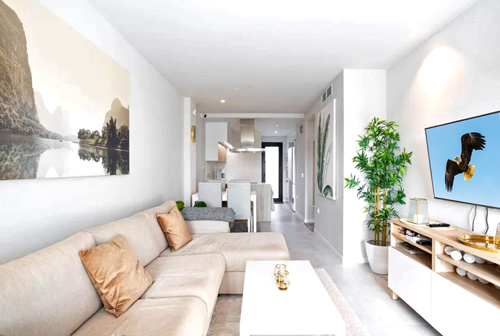 zaprojektowane w śródziemnomorskim stylu wnętrze ekskluzywnego apartamentu do sprzedaży Hiszpania (Orihuela Costa Alicante)