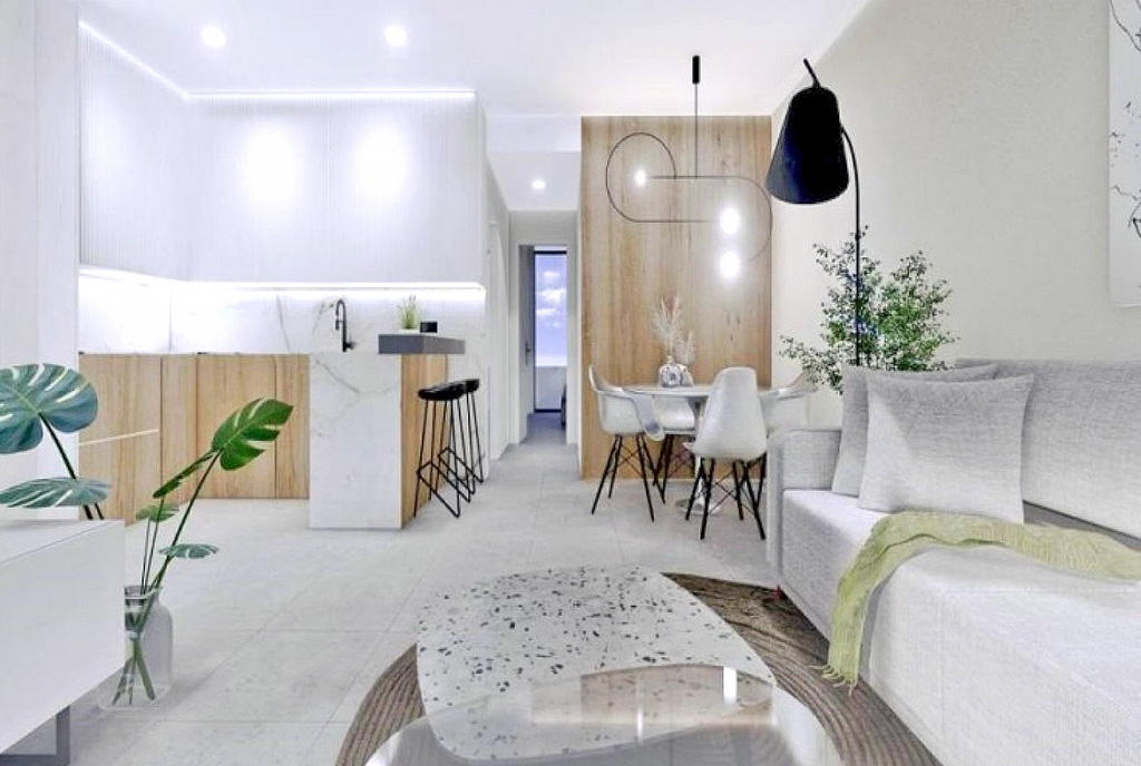po lewej kuchnia, po prawej jadalnia w ekskluzywnym apartamencie na sprzedaż Hiszpania (San Pedro del Pinatar Lo Pagan)