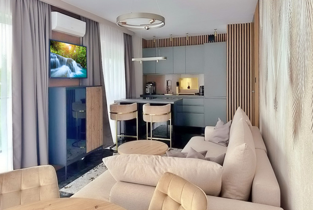 elegancki salon w ekskluzywnym apartamencie do sprzedaży nad morzem