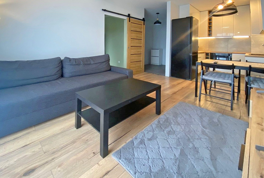 na pierwszym planie salon, w oddali aneks kuchenny w luksusowym apartamencie na sprzedaż Szczecin (okolice)