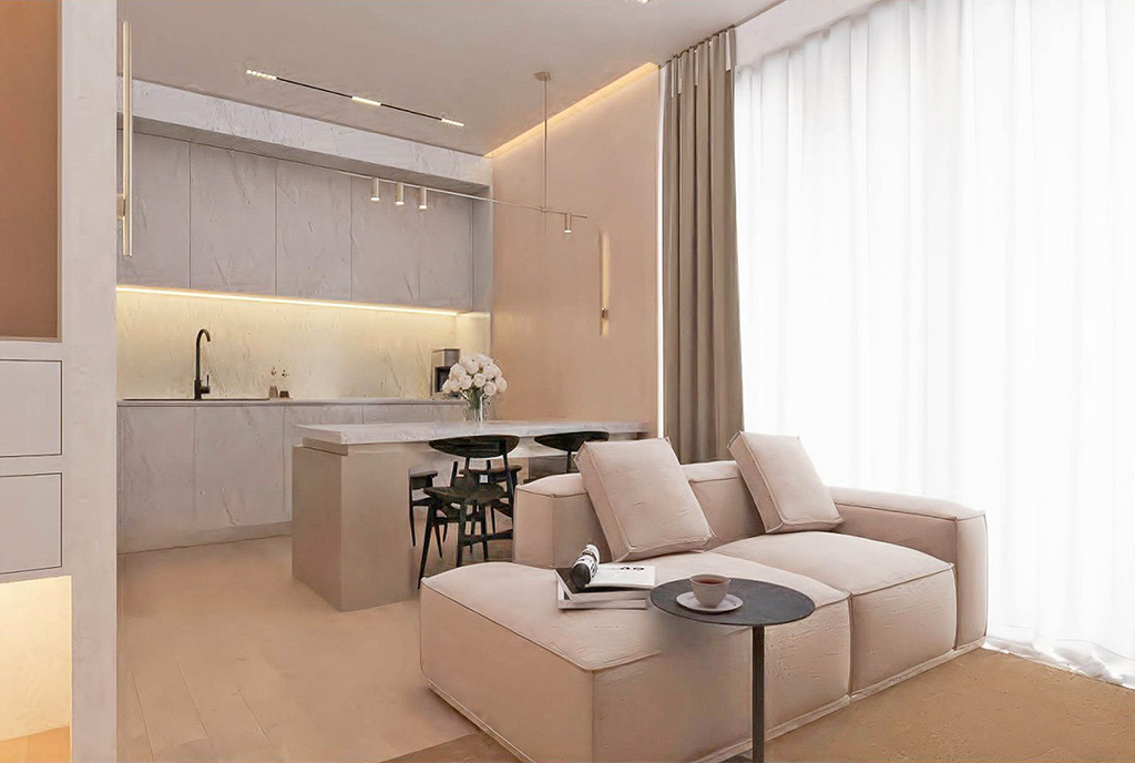 na pierwszym planie salon, w oddali kuchnia w ekskluzywnym apartamencie na sprzedaż Apartament do sprzedaży (Cypr) Iskele Yeni Iskele
