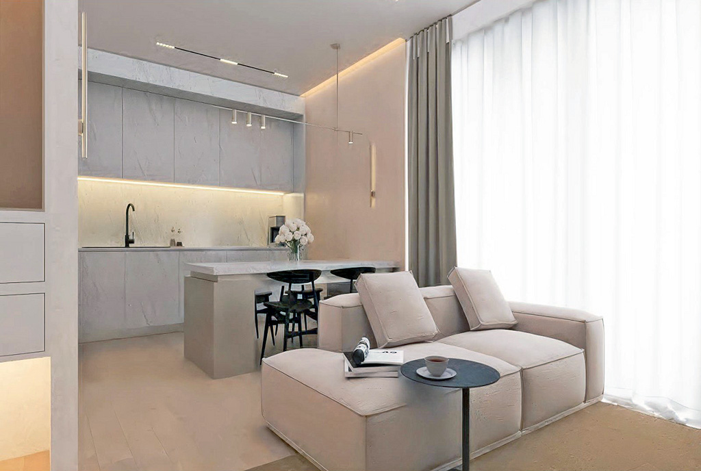 na pierwszym planie salon, w oddali kuchnia w luksusowym apartamencie na sprzedaż Cypr (Iskele)