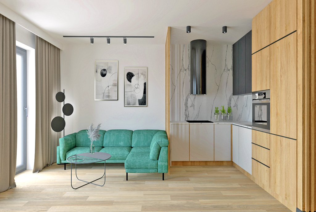 po lewej salon, po prawej kuchnia w luksusowym apartamencie na sprzedaż Kielce