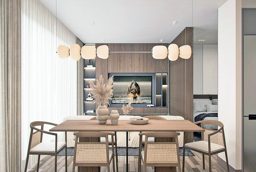 na pierwszym planie jadalnia w luksusowym apartamence na sprzedaż Cypr (Famagusta Yeni Boazici)