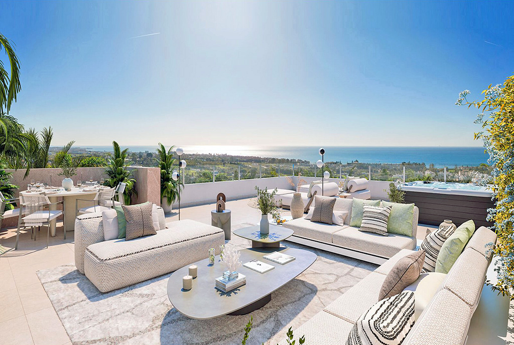 słoneczny taras przy ekskluzywnym apartamencie do sprzedaży Hiszpania (Estepona)