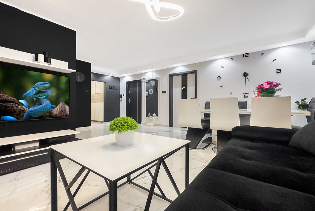 futurystyczny salon w ekskluzywnym apartamencie do sprzedaży imponujące wnętrze ekskluzywnego apartamentu do sprzedaży Katowice (okolice)
