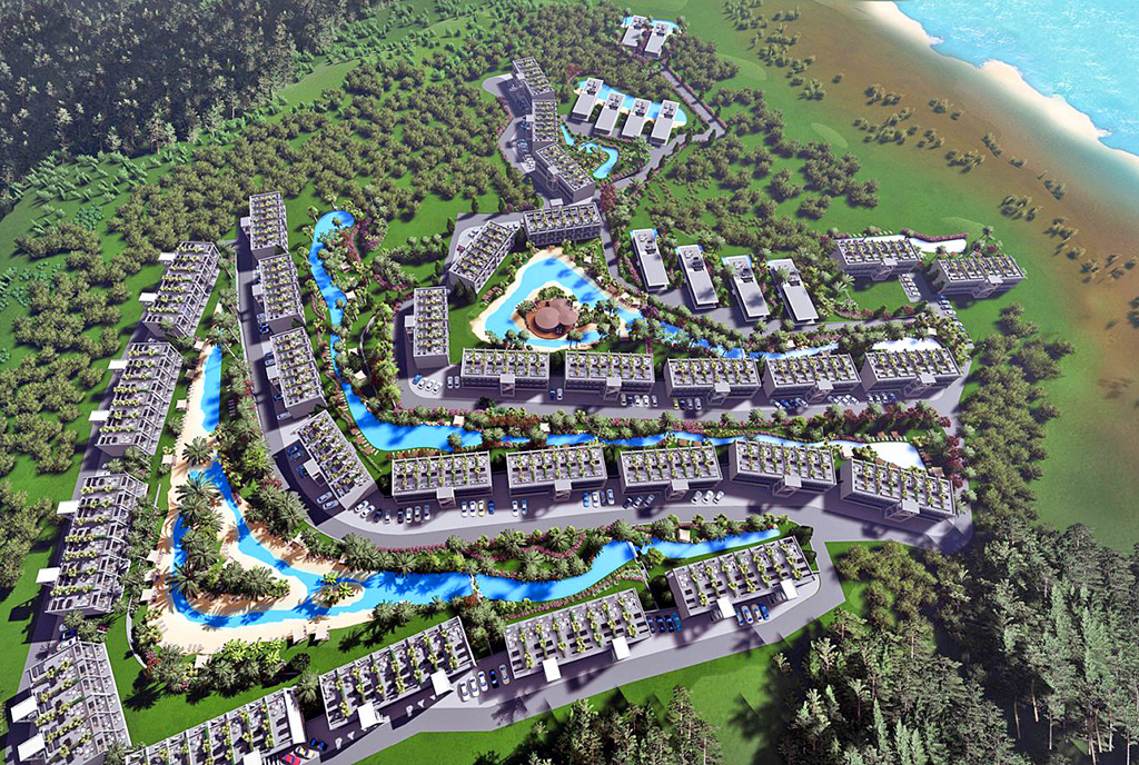 widok z lotu ptaka na osiedle, na którym znajduje się oferowany do sprzedaży luksusowy apartament Cypr (Esentepe)