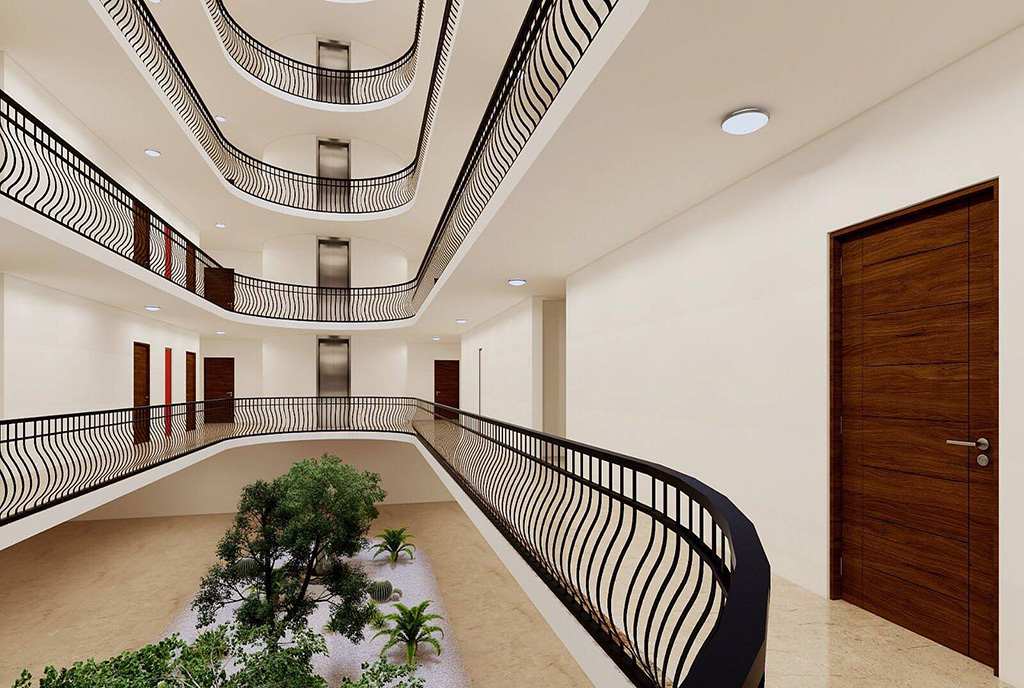 futurystyczna klatka schodowa w apartamentowcu, gdzie znajduje się luksusowy apartament na sprzedaż Cypr (Iskele)