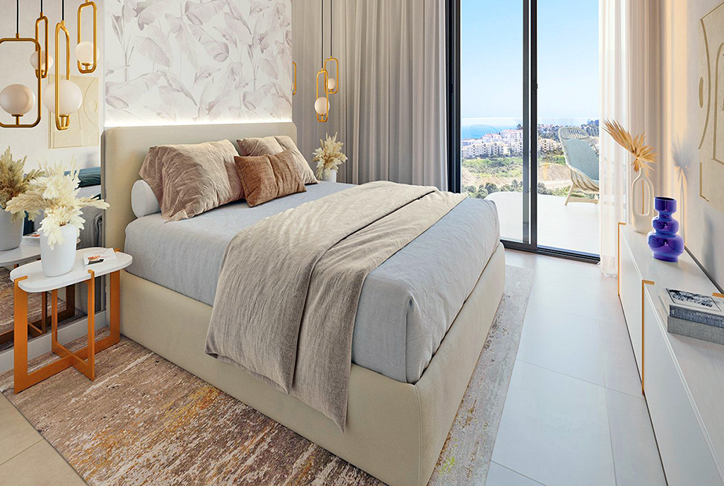 gustownie zaaranżowana sypialnia w luksusowym apartamencie na sprzedaż Hiszpania (Mijas)