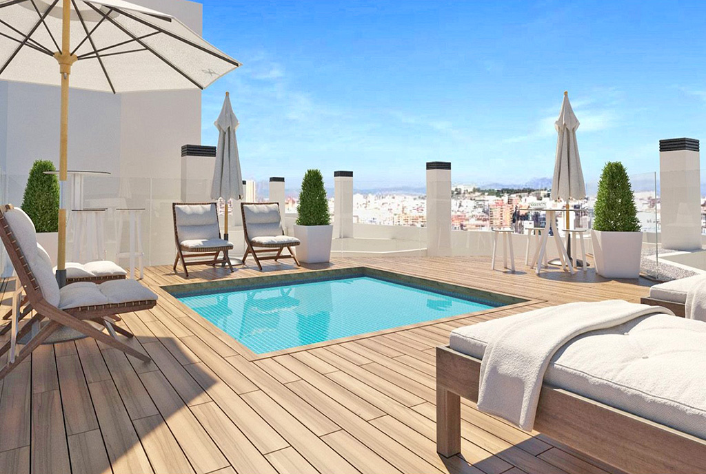 basen na tarasie w częściach wspólnych osiedla, na którym znajduje się oferowany na sprzedaż luksusowy apartament Hiszpania (Alicante)