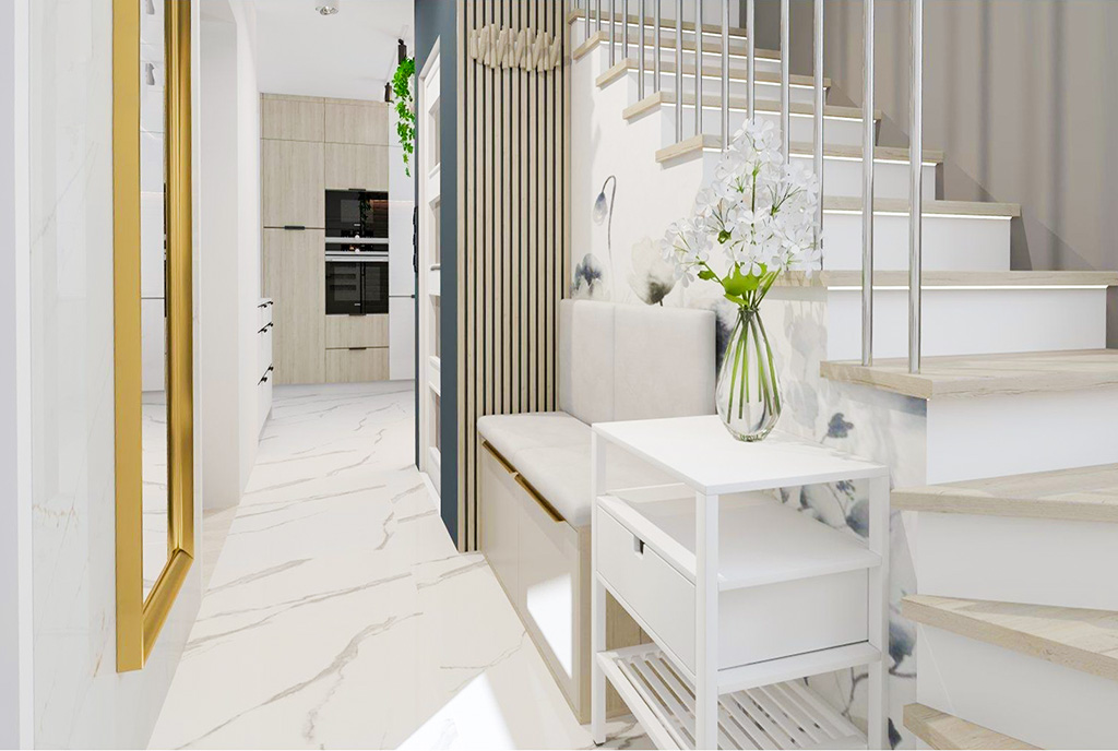 po lewej kuchnia po prawej wejście na poddasze w luksusowej willi na sprzedaż Wałbrzych (okolice)