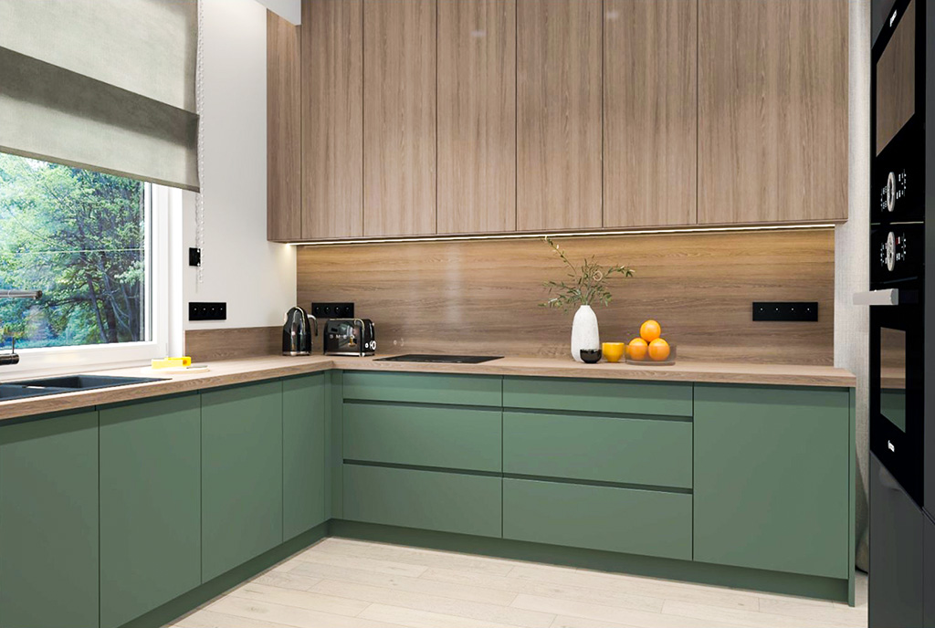 zabudowana kuchnia w kolorze zielonym w ekskluzywnej willi na sprzedaż Warszawa (okolice)