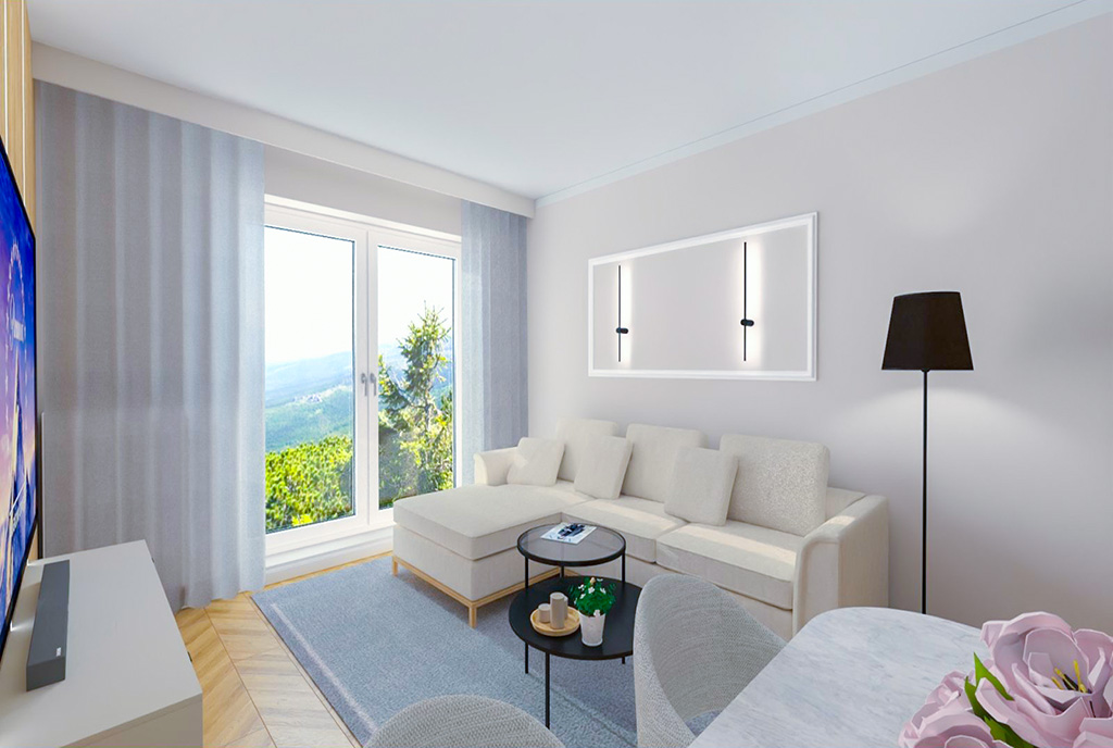 przeciwległa ściana salonu w luksusowym apartamencie na sprzedaż Elbląg