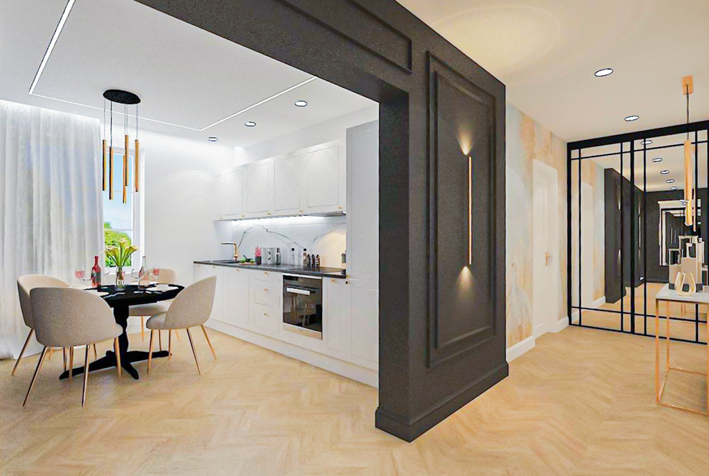 efektownie oświetlony korytarz w ekskluzywnym apartamencie na sprzedaż Gdynia okolice