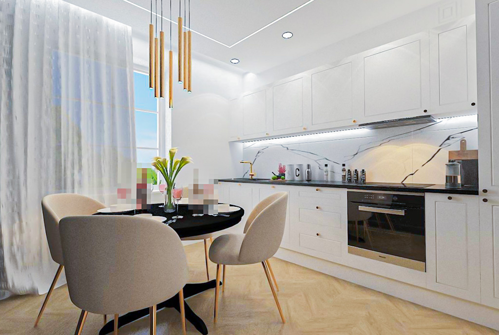 po lewej jadalnia, po prawej kuchnia w luksusowym apartamencie na sprzedaż Gdynia okolice