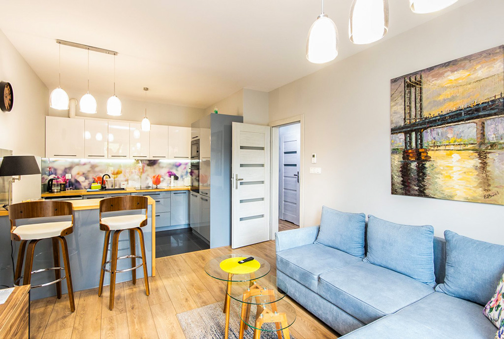 widok na aneks kuchenny w luksusowym apartamencie do wynajmu Szczecin