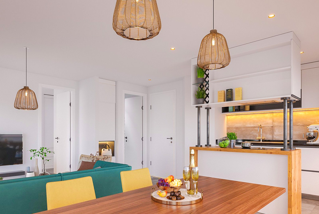 na pierwszym planie jadalnia w ekskluzywnym apartamencie na sprzedaż Cypr Giuzelurt