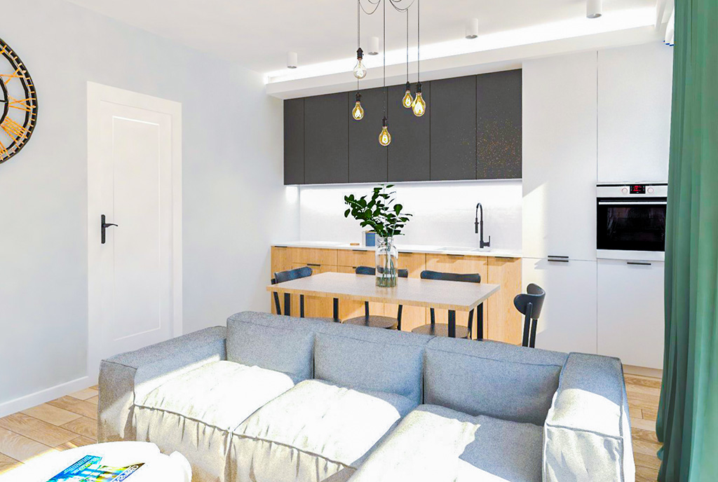 widok z salonu na aneks kuchenny w luksusowym apartamencie na sprzedaż Ostrów Wielkopolski