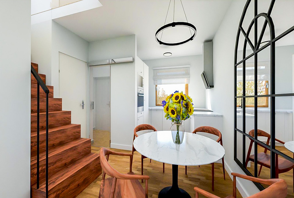 na pierwszym planie jadalnia w luksusowej willi na sprzedaż Katowice okolice