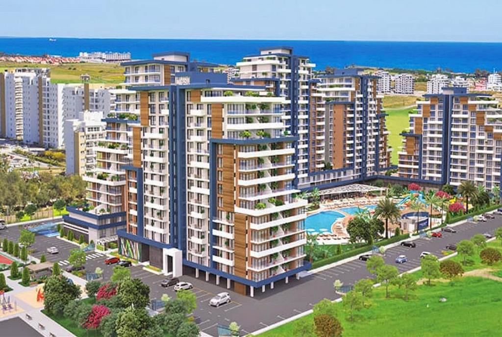 zdjęcie wykonane z lotu ptaka pokazujące od góry całe osiedle, na którym znajduje się ekskluzywny apartament na sprzedaż Cypr Iskele