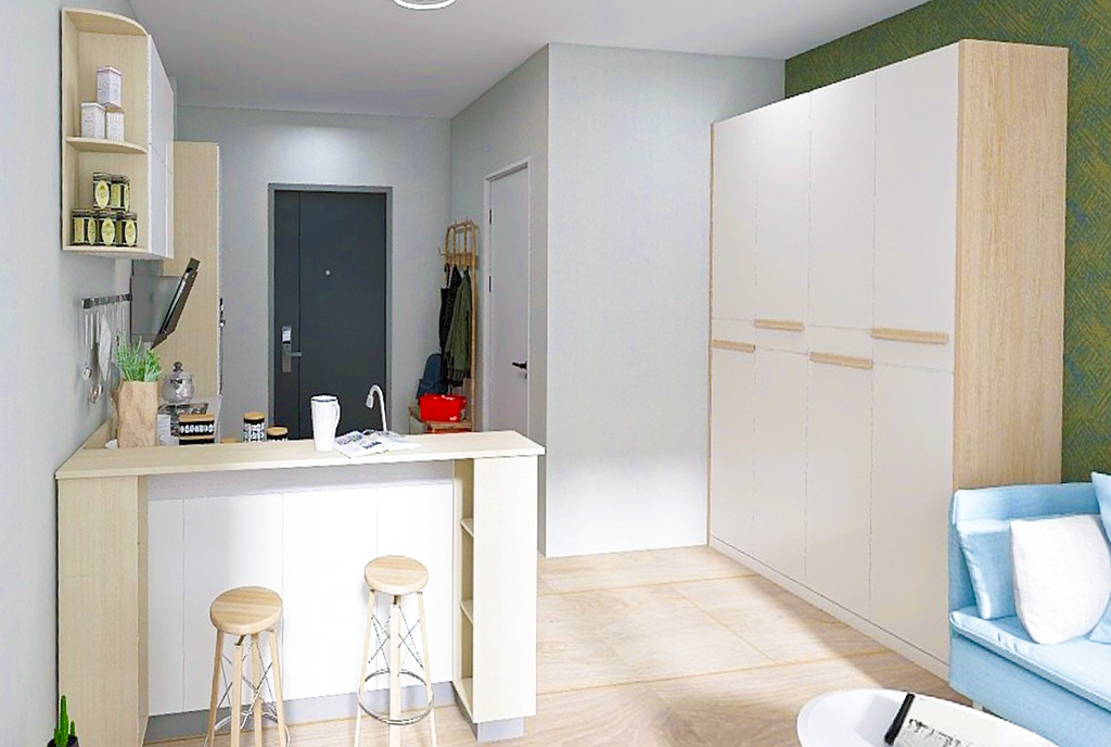 widok z salonu na aneks kuchenny w ekskluzywnym apartamencie na sprzedaż Gdańsk