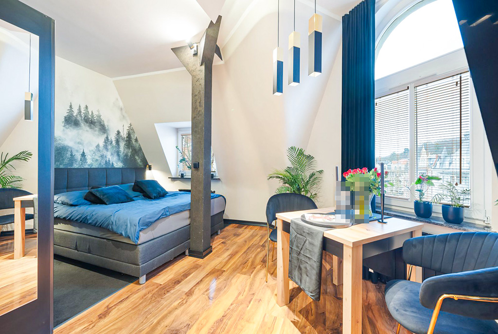 widok na syipalnię w luksusowym apartamencie na sprzedaż Gdańsk