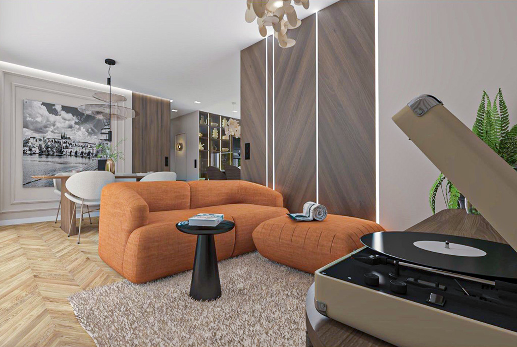 jedna strona pokoju dziennego w luksusowym apartamencie na sprzedaż Katowice okolice