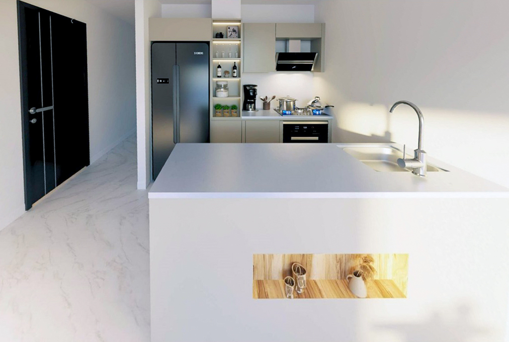 zdjęcie prezentuje aneks kuchenny w luksusowym apartamencie na sprzedaż Cypr Esentepe