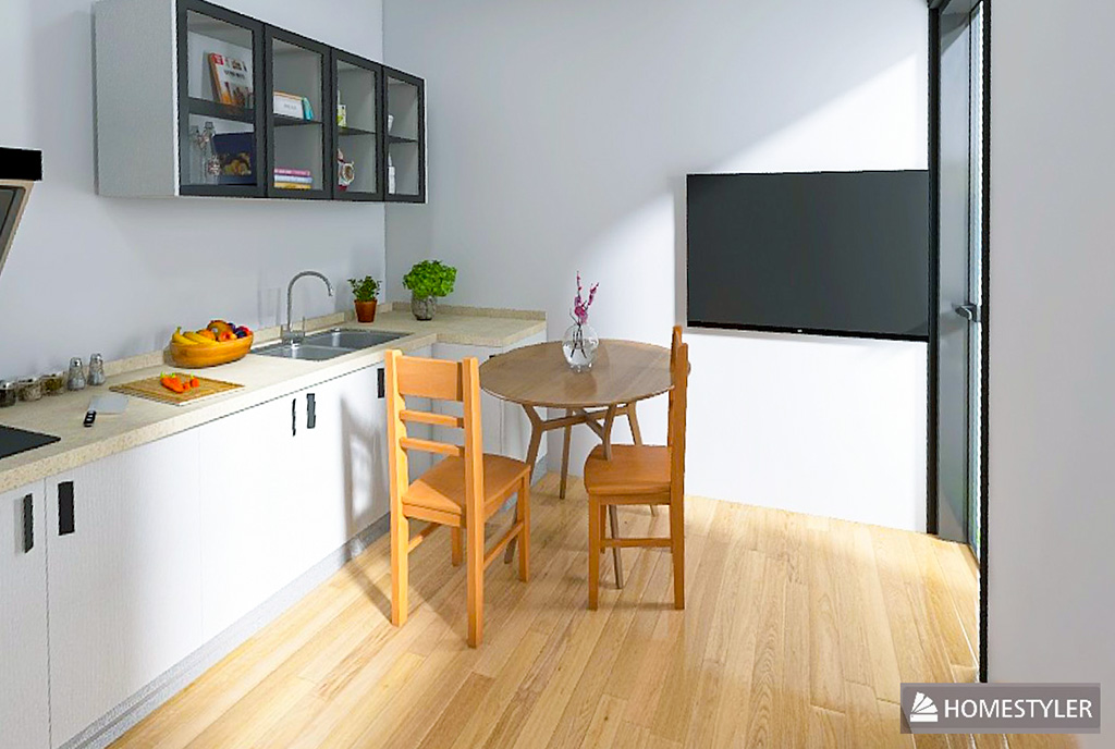 po lewej kuchnia, po prawej salon w luksusowym apartamencie na sprzedaż Gdańsk