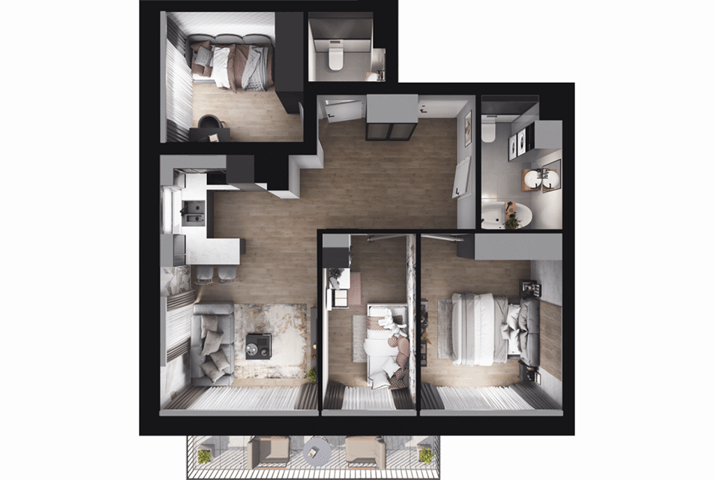 widok od góry na rozkład pokoi i pomieszczeń w luksusowym apartamencie na sprzedaż Gdynia