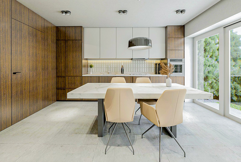 na pierwszym planie jadalnia, w oddali kuchnia w ekskluzywnym apartamencie na sprzedaż Katowice okolice