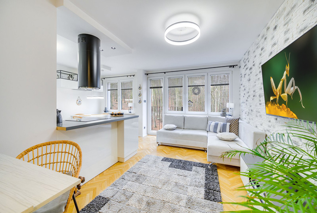 widok na salon i kuchnię w ekskluzywnym apartamencie do sprzedaży Sopot