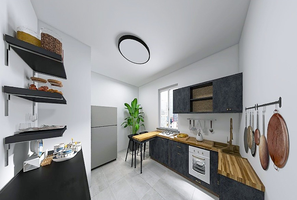 zaprojektowana w czerni i bieli kuchnia w luksusowym apartamencie na sprzedaż Gdynia