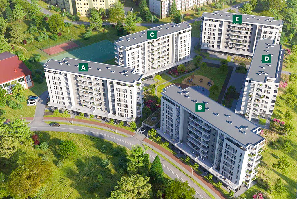 zdjęćie wykonane z lotu ptaka pokazujące osiedle, na którym znajduje się oferowany na sprzedaż luksusowy apartament Lublin okolice