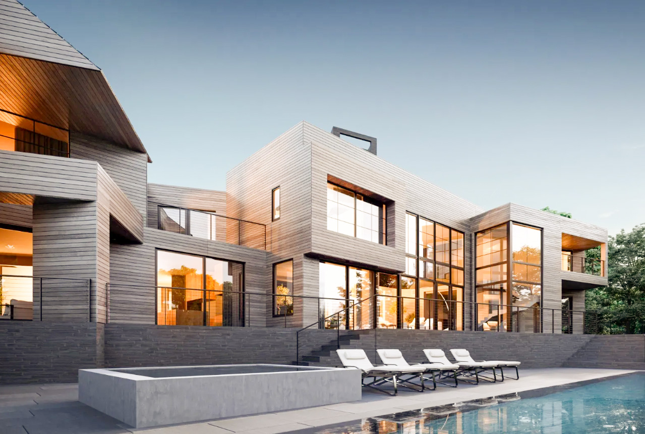 widok od strony basenu na ekskluzywną willę do sprzedaży New York Stany Zjednoczone Ameryki