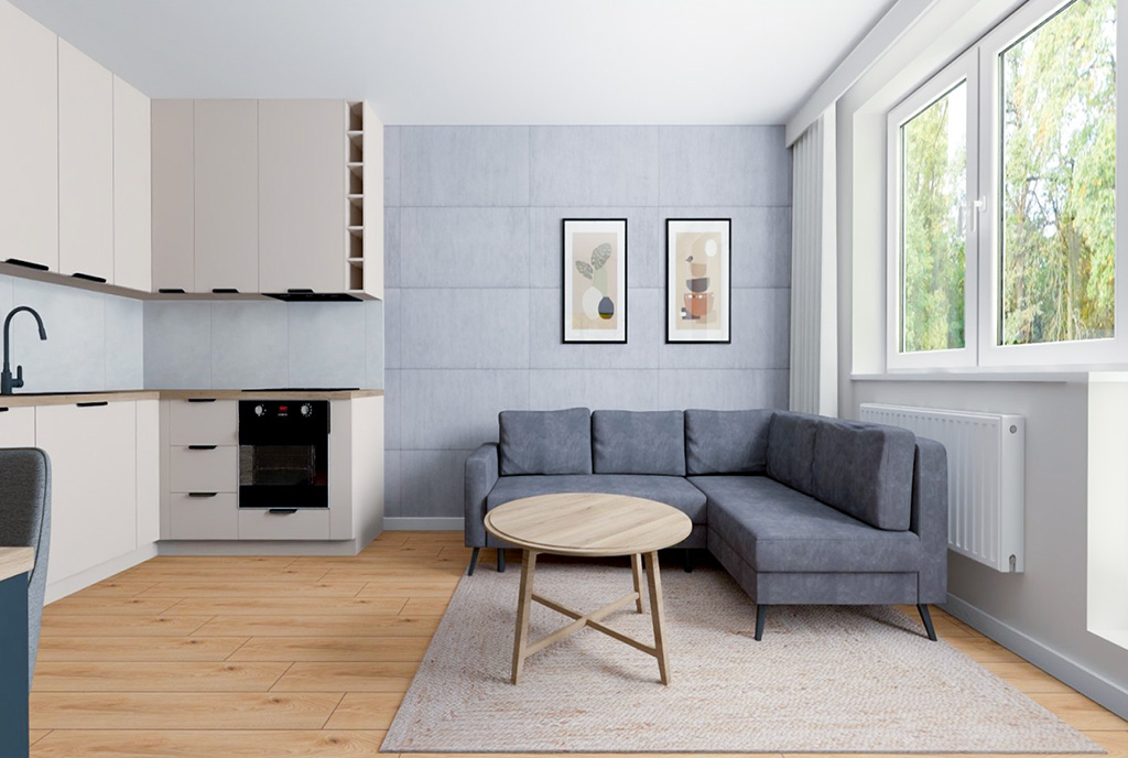 po lewej aneks kuchenny, po prawej salon w luksusowym apartamencie na sprzedaż Elbląg okolice