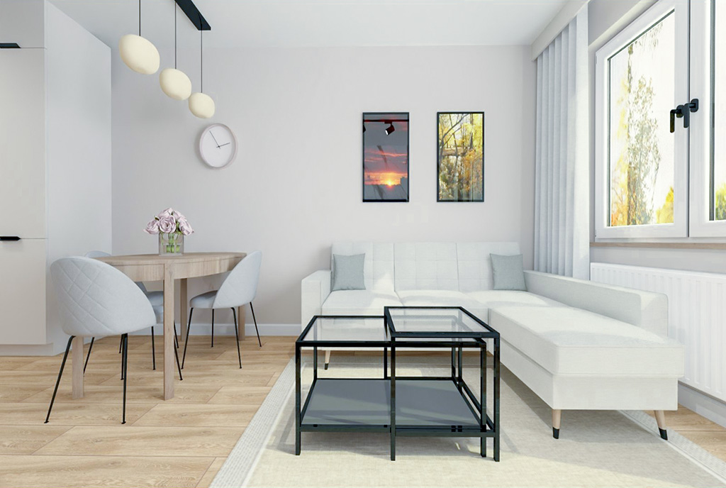 gustownie zaprojektowany pokój dzienny w luksusowym apartamencie na sprzedaż Elbląg