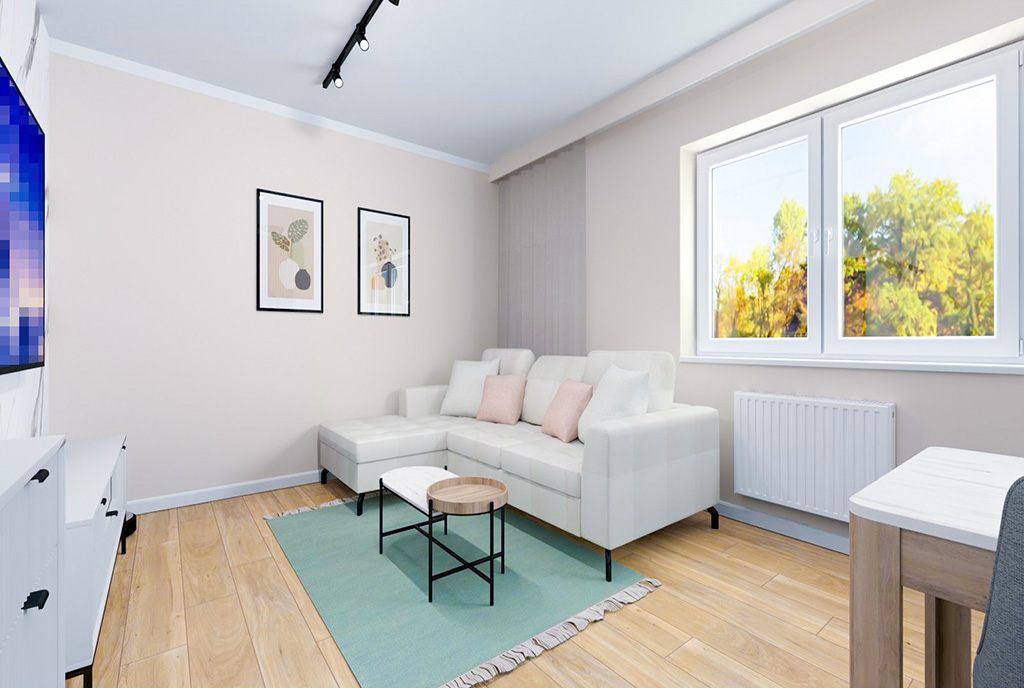 przeciwległa ściana salonu w luksusowym apartamencie na sprzedaż Elbląg