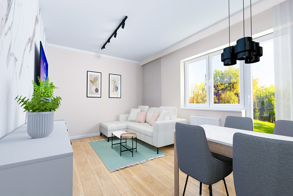 na pierwszym planie jadalnia, w oddali pokój gościnny w ekskluzywnym apartamencie na sprzedaż Elbląg