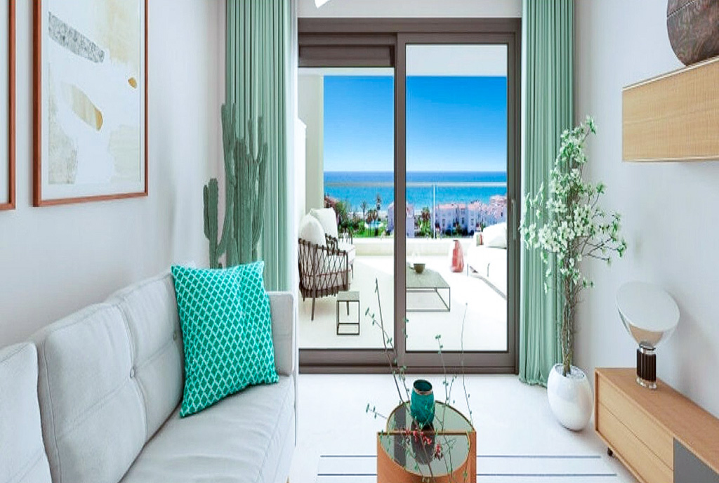 fragment pokoju dziennego w luksusowym apartamencie na sprzedaż Hiszpania Casares del Mar Estepona