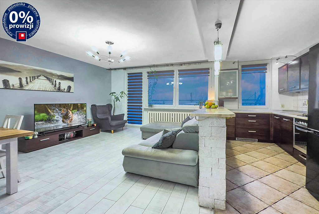 na zdjęciu pokój dzienny oraz aneks kuchenny w luksusowym apartamencie na sprzedaż Katowice okolice