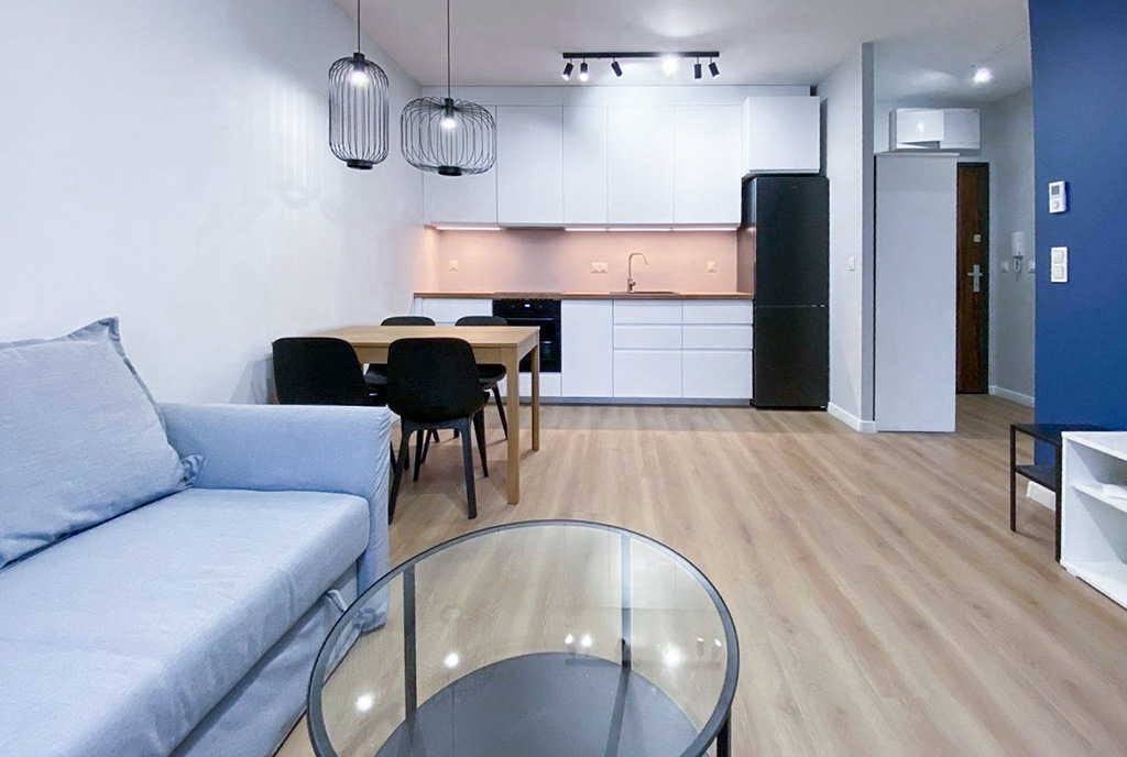 widok na aneks kuchenny w luksusowym apartamencie do wynajmu Szczecin