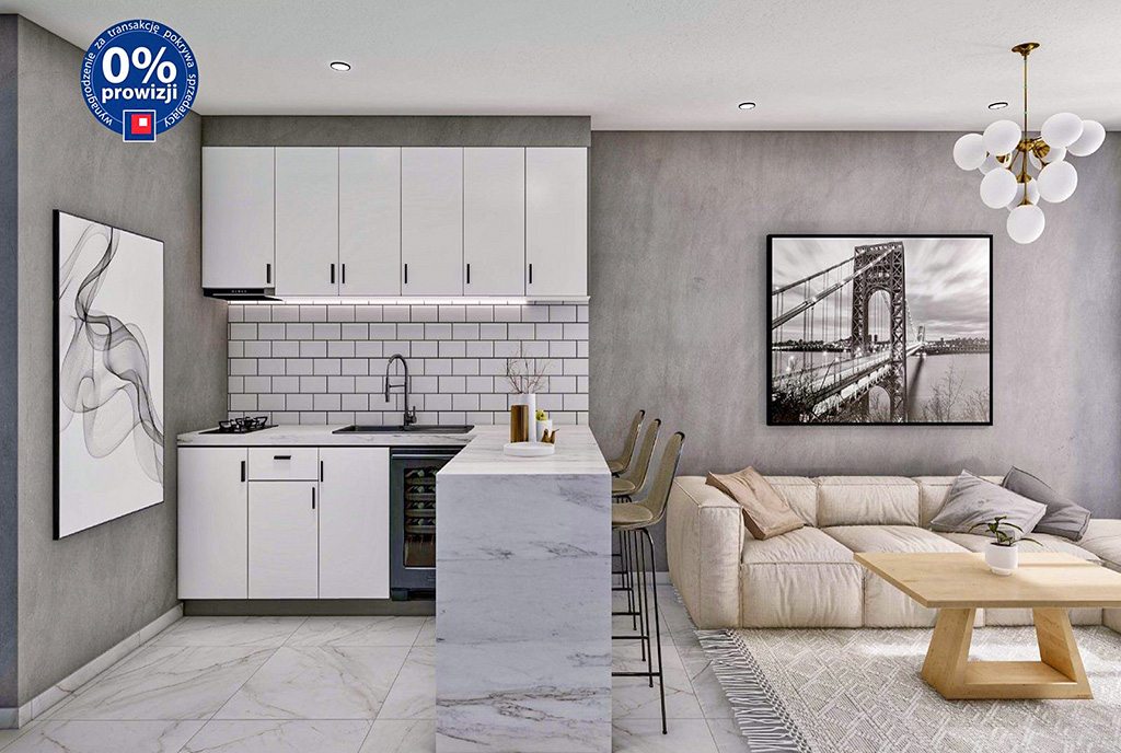 po lewej kuchnia, po prawej salon w ekskluzywnym apartamencie na sprzedaż Cypr Iskele