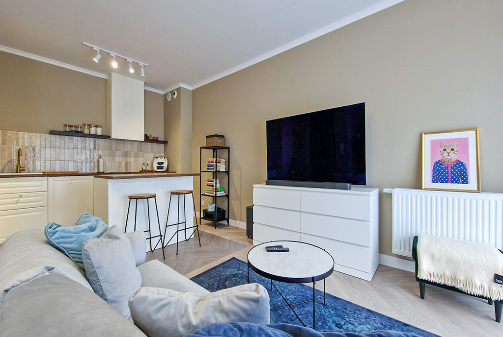 widok na pokój dzienny w luksusowym apartamencie na sprzedaż Łódź okolice