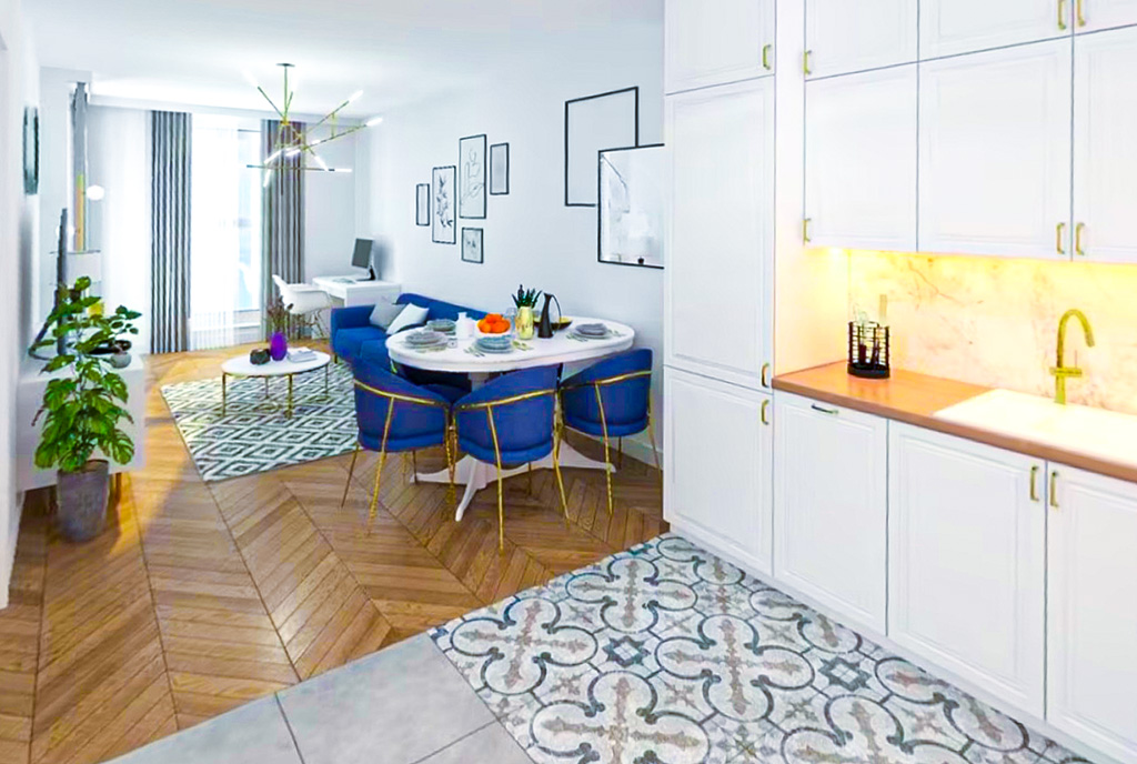 na pierwszym planie kuchnia, w oddali salon w ekskluzywnym apartamencie do sprzedaży Gdańsk